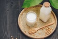 Bottle of soy milk and soybean on wooden table