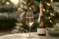 A bottle of sparkling wine and a glass on an outdoor table. Royalty Free Stock Photo