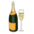 Bottle of a sparkling wine and glass of wine isolated vector illustration. Royalty Free Stock Photo