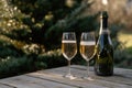 A bottle of sparkling wine and glasses on an outdoor table. Royalty Free Stock Photo