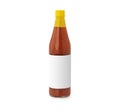 Bottle of spicy, red hot sauce with blank label isolated on white background