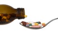 Bottle And Spoon With Pills Tabletts On White Royalty Free Stock Photo