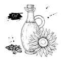 Bottle of sunflower oil with flower and heap of seed. Vector Hand drawn illustration. Glass pitcher