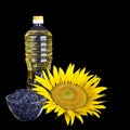 Bottle of sunflower oil with flower and seed Royalty Free Stock Photo