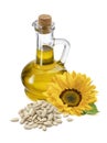 Bottle of sunflower oil, flower and shelled seeds isolated on white background Royalty Free Stock Photo