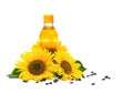 Bottle of sunflower oil with flowers and seed of sunflower on white background Royalty Free Stock Photo