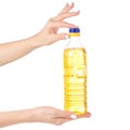 A bottle sunflower oil in hand