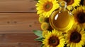 A bottle of sunflower oil next to a bunch of sunflowers. Generative AI image. Royalty Free Stock Photo