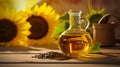 Photo of a bottle of sunflower oil next to a vibrant bouquet of sunflowers
