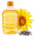 Bottle of sunflower oil, sunflower and seeds isolated on white background. The most popular of vegetable oils