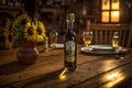 a bottle of sunflower oil stands on a wooden table.sunflower flower.rustic style