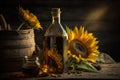 a bottle of sunflower oil stands on a wooden table.sunflower flower.rustic style