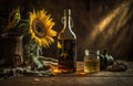 a bottle of sunflower oil stands on a wooden table.sunflower flower.rustic style