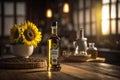 a bottle of sunflower oil stands on a wooden table.sunflower flower.rustic style