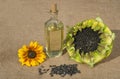 Sunflower oil in a glass Bottle and sunflowers Royalty Free Stock Photo