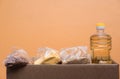 A bottle of sunflower oil and various cereals in the kitchen Royalty Free Stock Photo