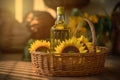 Bottle sunflower oil in wicker basket bright indoor shot. Generate ai Royalty Free Stock Photo