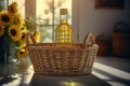 Bottle sunflower oil in wicker basket on kitchen tabletop. Generate ai Royalty Free Stock Photo