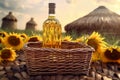 Bottle sunflower oil in wicker basket. Generate ai Royalty Free Stock Photo