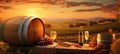 bottle sunset barrel glass wine winery drink beverage grape alcohol. Generative AI. Royalty Free Stock Photo