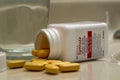 Bottle of Symtuza medication to treat HIV infection in bathroom at home. Chronic illness, modern medicine