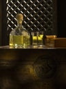 bottle of tequila anejo and glasses on color background