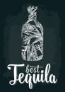 Bottle tequila with glass, cactus, salt, lime. Best Tequila lettering.