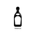 Bottle tequila silhouette. Mexican alcohol drink drawing. Black white. Decoration element. Bar menu design. Symbol, logo. Isolated
