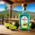 A bottle of tequila with a slice of lime on a wooden with a blurred background of a Mexican