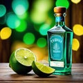 A bottle of tequila with a slice of lime on a wooden with a blurred background of a Mexican