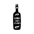 Bottle with text inside. Time for wine, black graphic print. Doodle hand drawn lettering. Black cartoon illustration for stamp on Royalty Free Stock Photo
