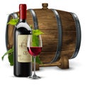 Bottle and transparent glass with red wine on a background of a wooden wine barrel. 3D vector. High detailed realistic