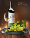 Bottle, glass of white wine and bunch of grapes on a wooden barrel. 3D vector. High detailed realistic illustration