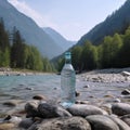 Bottle with transparent mineral water against background of clean mountain river and mountain landscape,