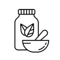 Bottle with two leaves and Pestle inside mortar. Linear herbal medicine icon. Black simple illustration. Contour isolated vector Royalty Free Stock Photo