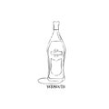Bottle vermouth in hand drawn style. Restaurant illustration for celebration design. Retro sketch. Line art. Design element.