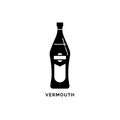 Bottle vermouth silhouette. Italian alcohol drink drawing. Black white. Decoration element. Bar menu design. Symbol, logo.