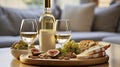 Bottle of a vintage chardonnay with two poured glasses, figs, grapes, blue cheese and grissini breadsticks. Generative AI