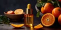 Bottle of vitamin C serum with fresh citrus fruits around it