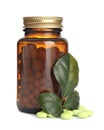 Bottle with vitamin pills and green leaves on white Royalty Free Stock Photo