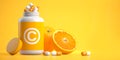 Bottle with vitamine C capsules and orange on yellow background