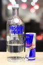 A bottle of vodka Absolut and a cans of red bull Royalty Free Stock Photo