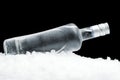 Bottle of vodka lying on ice on black background