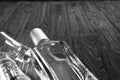 Bottle vodka tequila gin on wooden table with copy space. View from above. Selective focus, close up Royalty Free Stock Photo