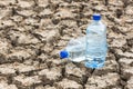 Bottle with water on the dried ground. Royalty Free Stock Photo