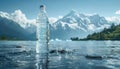 A bottle of water is floating in a river next to a mountain range by AI generated image Royalty Free Stock Photo