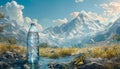 A bottle of water is floating in a river next to a mountain range by AI generated image Royalty Free Stock Photo