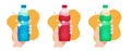 Bottle water juice drink hand holding icon vector graphic illustration set flat cartoon, strawberry fresh fruit beverage new