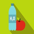 Bottle of water and red apple icon, flat style Royalty Free Stock Photo