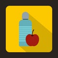 Bottle of water and red apple icon, flat style Royalty Free Stock Photo